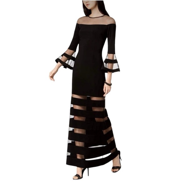 Betsy & Adam Bell Sleeve Striped Mesh Velvet Maxi Dress in Black Size 2 - Picture 1 of 11